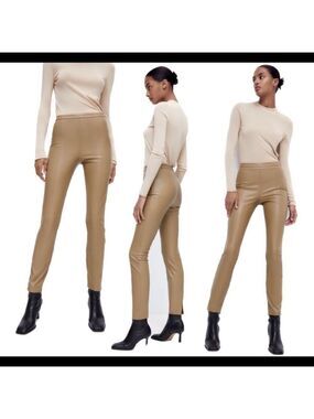 Zara Taupe brown vegan faux leather leggings zipper slit hem Sz L
